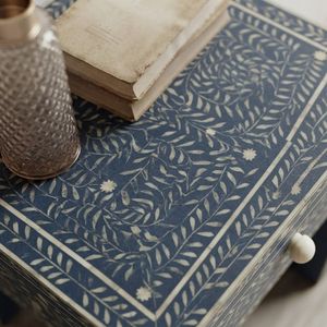 Modern Bone Inlay Nightstand <b>Side</b> <b>Table</b> Cabinet Blue and White Bedside <b>Storage</b> Drawer for Living Room - Product Image 3
