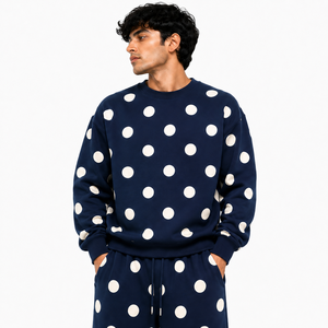 Ensemble de survêtement 2 pièces pour homme à pois, bleu marine, sweat-shirt à col rond, pantalon ample en molleton, décontracté, streetwear, logo personnalisé, vente en gros - Product Image 3