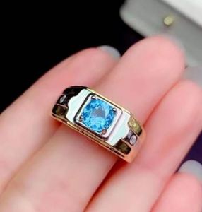 Bague de mariage et de fiançailles pour homme en topaze bleue, plaqué or 14 carats, argent, pierre naturelle taille brillant ronde, bijoux de luxe - Product Image 1