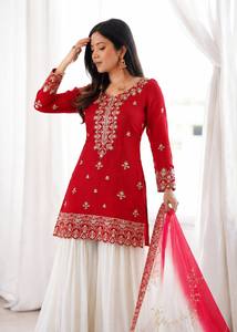 Traje Anarkali Tradicional Indio-Pakistaní Rojo Bordado para Mujer con Dupatta, Vestido Holgado de Algodón para Bodas y Eventos - Product Image 3