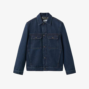 <b>Men's</b> Dark Blue <b>Denim</b> <b>Jacket</b> Workwear Style Turn-down Collar Button Closure Regular Fit Cotton Material Autumn Wear - Product Image 1