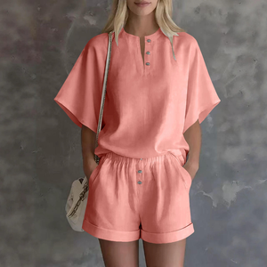Conjunto de Dos Piezas de Verano para Mujer, Color Sólido, Informal, Top de Manga Corta con Detalle de Botones, Corte Holgado, Largo por Encima de la Rodilla - Product Image 6