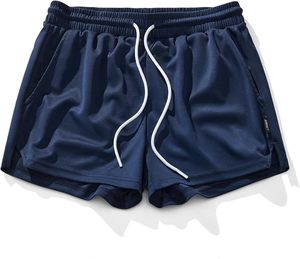 Shorts de sport pour homme à séchage rapide, taille élastique, à carreaux, respirants, taille mi-haute, rouge et bleu marine - Product Image 5