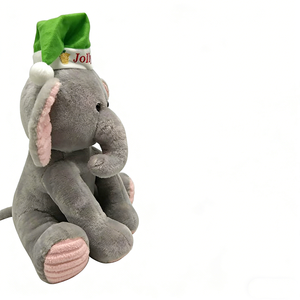 Peluche éléphant gris doux avec oreilles en velours côtelé rose, chapeau de Père Noël vert joyeux brodé, et trompe mignonne bouclée - Product Image 3