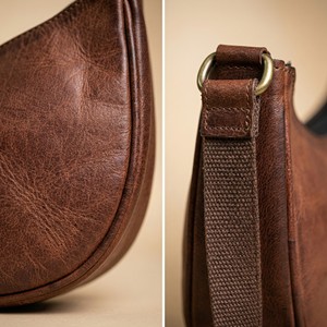 Women Genuine Leather Durable Single Zipper <b>Small</b> Crescent Crossbody <b>Bag</b> Minimalist Half Moon <b>Shoulder</b> Handbag for Travel Brown - Product Image 3