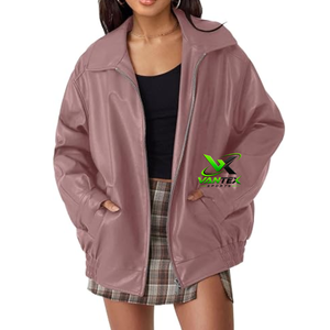Chaqueta Bomber Impermeable de Cuero PU Color Malva para Mujer VANTEX SPORTS, Cuello Camisero, Cierre de Cremallera, Ajuste Holgado, Casual, Primavera/Invierno - Product Image 1