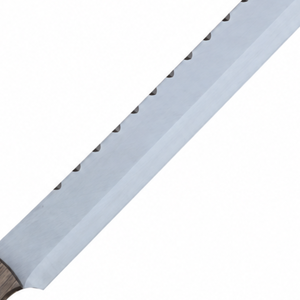Couteau à trancher à bord dentelé long, lame argentée, manche en bois grainé brun foncé pour la découpe du pain et de la viande, préparation culinaire - Product Image 2