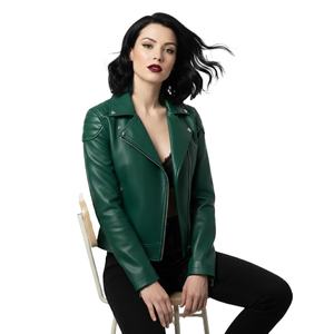 Blouson de moto en cuir vert surdimensionné pour femmes, vente en gros personnalisée, prix d'usine, style motard authentique, vêtements de mode pour femmes - Product Image 1