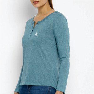<b>Women's</b> Solid Color O-Neck Long Sleeve <b>Henley</b> T-<b>Shirt</b> Buttons Regular Fit Casual Nonwoven Top Breathable Cotton Plain Dyed Logo - Product Image 2