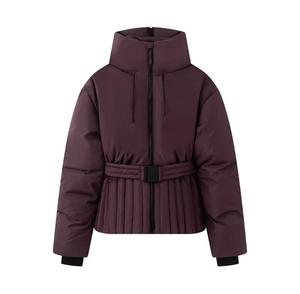 Men's <b>Burgundy</b> Puffer Jacket Stand Collar Zipper Front <b>Belted</b> Casual Winter Outerwear Thick Polyester Wadding Regular Sleeve - Product Image 1