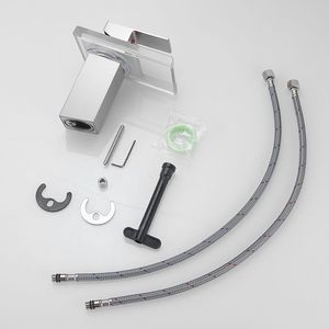 Rubinetto Monocomando per Lavabo Bagno con Luce LED, Cascata a 3 Colori Variabili, Bocca in Vetro, Miscelatore Acqua Calda e Fredda, per Doccia e Vasca - Product Image 1