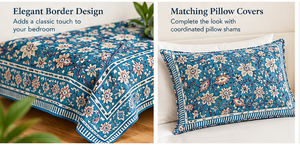 Juego de Sábanas de Algodón Estampadas a Mano, Diseño Floral Azul Verdoso con Paisley, Incluye Fundas de Almohada, Estilo Boho Indio - Product Image 3