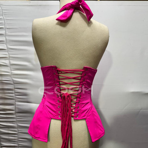 Top Corsé Premium Rosa Fucsia con Cuello Halter, Faja Reductora con Varillas de Acero y Detalle de Cordones - Bustier de Moda Personalizado OEM para Mujer - Product Image 6