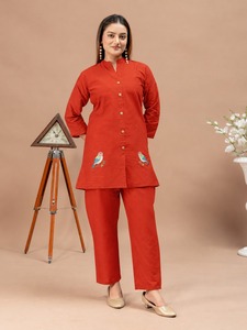 Conjunto de Kurta de Algodón Rojo para Mujer, de Secado Rápido, para Todas las Temporadas, con Bordado, Top de Longitud Media y Pantalón, Ropa Casual - Product Image 1