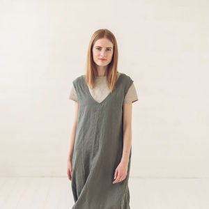 Robe Tunique en Lin Personnalisée Taille Naturelle Sans Manches Coupe Évasée Col en V Profond Dos à Lacets Appliqué Classique Écologique avec Soutien-Gorge Intégré - Product Image 1