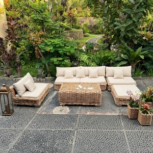 Outdoor Rattan Woven Sectional Sofa Set Mahogany Wood Frame Wicker Furniture Glass Table Lounge Chair Ottoman Setup Art - Product Image 4