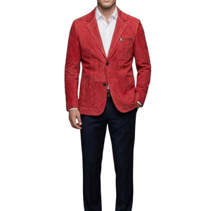 <b>Men's</b> Red Suede <b>Blazer</b> Single Breasted Genuine <b>Leather</b> Jacket Casual Turn-down Collar Coat - Product Image 1