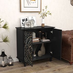 Black Wood Carved Floral <b>Sideboard</b> 2-Door Buffet Cabinet Decorative Accent <b>Storage</b> Credenza for Entryway & Living Room - Product Image 2