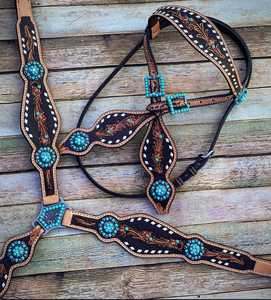 2026 High Quality <b>Leather</b> Turquoise Zebra Print Western Saddle Tack Set Hand <b>Tooled</b> Studs Conchos Breast Collar Reins for Horse - Product Image 1