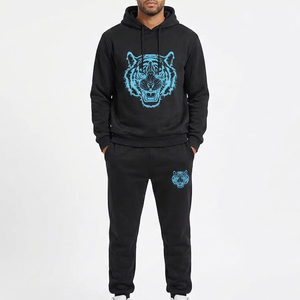 Ensemble de survêtement noir à capuche pour homme, très demandé, avec imprimé tigre bleu, manches longues, joggers décontractés, poches latérales, pour l'automne - Product Image 1
