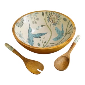 Imperial Crafted Home Handmade Classic Wooden Salad Serving <b>Bowl</b> Enamel Lining Blue Floral Pattern Uttar Pradesh for Home - Product Image 3