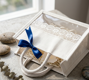 White Canvas Square Tote Bag with Lace Trim and Clear <b>Window</b> <b>Panel</b> Blue Ribbon Detail Wedding Favor Gift Bag - Product Image 1