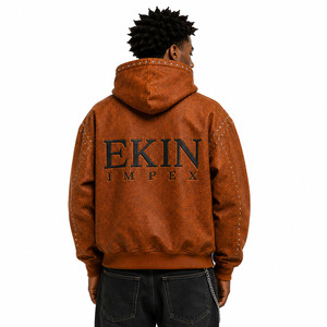 Custom Luxury Unisex Distressed 100% Cotton Fleece Zip-Up Hoodie Heavyweight Anti-Pilling Streetwear <b>Jacket</b> <b>Rhinestone</b> Studs - Product Image 4