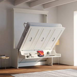 Lit Murphy blanc taille Queen, lit mural pliable moderne, meuble de chambre convertible gain de place avec étagère de rangement - Product Image 5