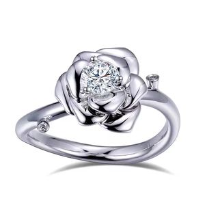 Anillo de Compromiso de Plata 925 con Flor para Mujer, Corte Brillante Redondo, Engaste de Diamantes, Estilo Romántico - Product Image 1
