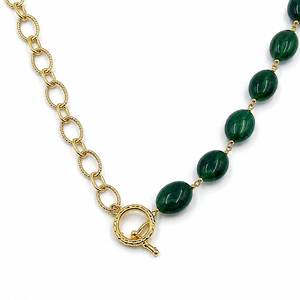 Custom Rhodium Plated Necklace Emerald Green Oval Bead Half Chain Front <b>Toggle</b> Clasp Link Collar Women Luxury Statement Jewelry - Product Image 3