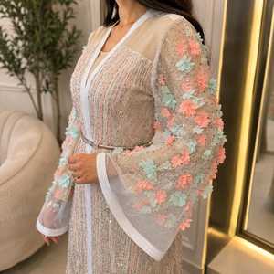 Embellished Floral <b>Abaya</b> Sheer Bell Sleeves Beaded Sequins Pastel Applique Long Modest Evening Gown Islamic Eid Elegant <b>Wedding</b> - Product Image 4