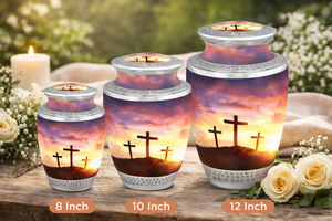 Urna Funeraria de Lujo Estilo Europeo con Cruz Cristiana y Atardecer para Cenizas Humanas y de Bebés |   Proveedor Mayorista de Artículos Funerarios Metálicos - Product Image 4