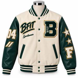 Chaqueta Varsity Verde Crema para Hombre BFIT, con Parches de Letras, Botones a Presión de Chenilla, Estilo Vintage, para Invierno - Product Image 3