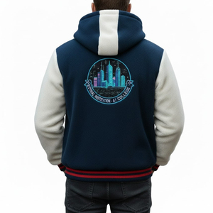 Chaqueta Varsity con Capucha para Hombre, Color Azul Marino y Blanco, con Forro Polar Grueso, para Invierno, con Parches Bordados con la Letra C en Chenilla - Product Image 2