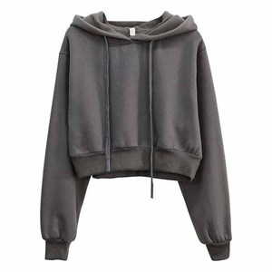 Sudadera con Capucha Corta Gris para Mujer, Manga Larga, Color Sólido, Informal, Tejida, para Otoño - Product Image 4