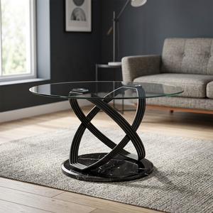 Table basse ronde en métal noir faite à la main avec base en marbre et plateau en verre, table centrale de haute qualité, mobilier d'intérieur et d'extérieur en métal - Product Image 1
