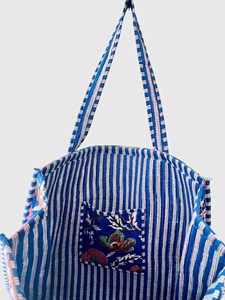Sac fourre-tout en coton à imprimé floral bohème, ouvert en haut, bleu, sac de shopping pour femmes, toutes saisons - Product Image 3