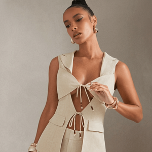 ชุดเซ็ตเสื้อเบลเซอร์แขนกุดแบบผูกเชือกตัดเย็บพิเศษสำหรับผู้หญิง พร้อมกางเกงขาสั้น - Product Image 2