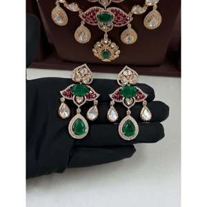 Janki Moissanite Three Layer Alloy Gold Plated Women's Wedding Necklace Set with Channel Setting Imitation Pearl Zircon Earrings - Product Image 3