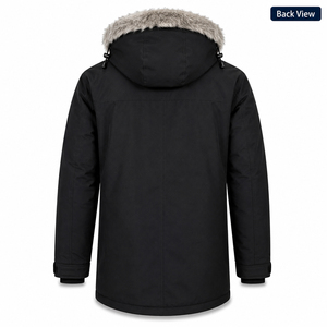 Custom Branding <b>Men's</b> <b>Black</b> Hooded Parka <b>Long</b> Waterproof Polyester Winter <b>Coat</b> Casual Outerwear with Fur Trim - Product Image 2