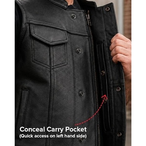 Custom Men Black Genuine Cowhide <b>Leather</b> Motorcycle Club Vest Stand Collar <b>Biker</b> <b>Leather</b> <b>Waistcoat</b> with Concealed Front Closure - Product Image 2
