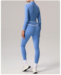 Ensemble de yoga uni pour femme, legging taille haute, haut zippé à manches longues, surpiqûres contrastées, tenue d'entraînement 2 pièces en Spandex et Polyester sans couture - Product Image 2
