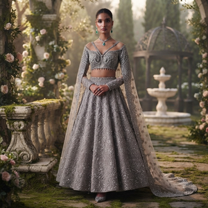 Elegante Conjunto de Lehenga Choli Gris Bordado para Mujer, Vestido Tradicional Indio Pakistaní para Boda, Largo hasta el Suelo, de Algodón sin Arrugas - Product Image 2