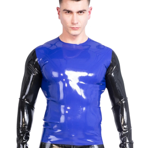 T-shirt homme bleu et noir brillant à manches longues, coupe ajustée, col rond, couleur unie, bordure contrastante, style gothique, tricoté en spandex et polyester - Product Image 2