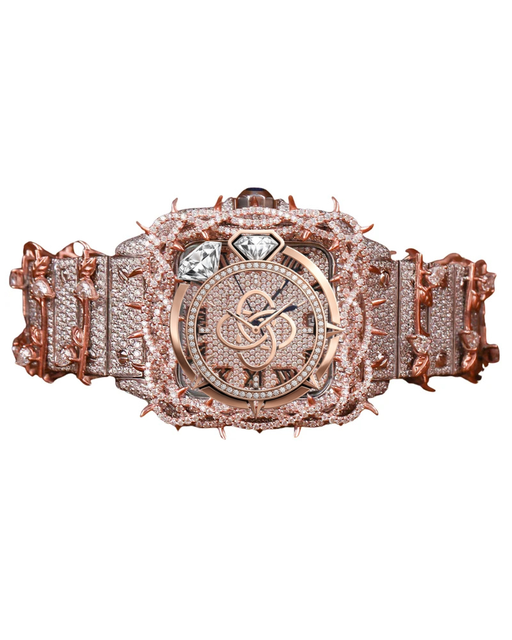 Luxury High Quality Rose Gold CZ Stone Stainless Steel Sapphire Crystal Analog Hip Hop Watch Men Custom Thorn Design Quartz