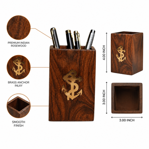 Handmade Indian Rosewood Pen Holder | Brass Anchor Inlay Wooden <b>Desk</b> Organizer | Luxury Office Table Pen Stand Gift Decor - Product Image 5