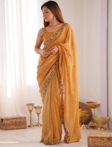KV Women's Embroidered Embellished Reversible Viscose Silk Autumn Bollywood Tissue <b>Saree</b> with Unstitched Blouse (<b>Yellow</b>) - Product Image 4