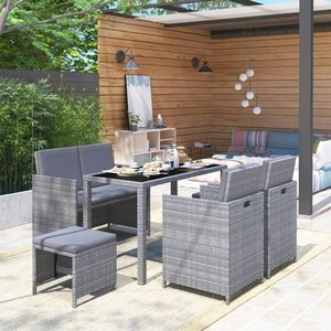 Set da pranzo in 6 pezzi con cuscini grigi Set da giardino in Poly Rattan - Product Image 1