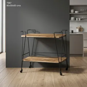 Chariot de bar industriel en métal et bois à deux niveaux, étagère de rangement roulante pour cuisine, mobilier de bar moderne pour la maison - Product Image 2