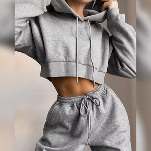 Ensemble sweat-shirt court à capuche blanc pour femme, taille haute, coupe ample, manches longues, couleur unie, style décontracté urbain, tricoté pleine longueur - Product Image 6